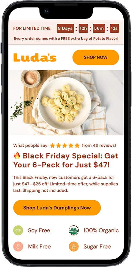 Luda's Dumplings landing page led by a specific offer, mobile screenshot
